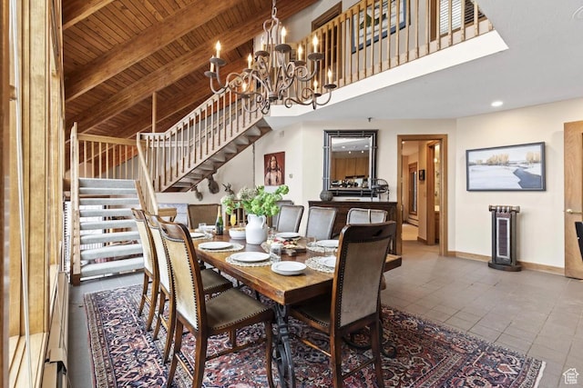 1290 Pinnacle Dr, Park City, UT 84060 - dining room with a wooden ceiling with exposed beams, stairs, tile patterned floors, a chandelier, and recessed lighting