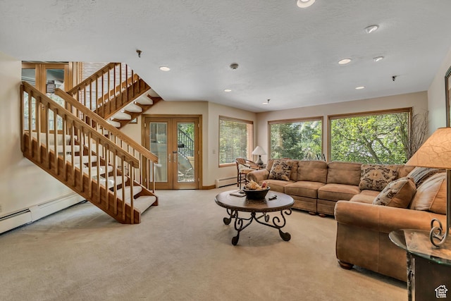 1290 Pinnacle Dr, Park City, UT 84060 - carpeted living room featuring a baseboard heating unit, stairs, recessed lighting, and a textured ceiling