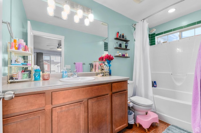 14584 S Heatherly Ln, Herriman, UT 84096 - bathroom with healthy amount of natural light, vanity, shower / tub combo, and ceiling fan