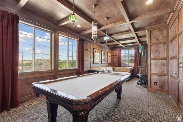 10865 S Hiddenwood Dr, Sandy, UT 84092 - recreation room with wooden walls, dark carpet, plenty of natural light, a wood ceiling with exposed beams, and coffered ceiling
