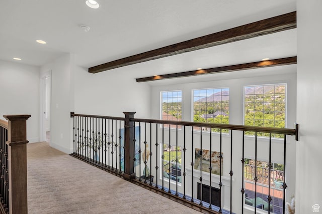 10865 S Hiddenwood Dr, Sandy, UT 84092 - hallway featuring recessed lighting, beam ceiling, carpet, and an upstairs landing