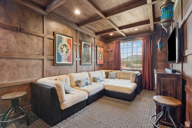 10865 S Hiddenwood Dr, Sandy, UT 84092 - living room with coffered ceiling, recessed lighting, a wood ceiling with exposed beams, carpet flooring, and wooden walls
