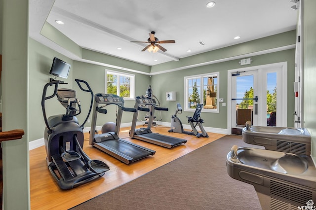 10865 S Hiddenwood Dr, Sandy, UT 84092 - workout area featuring a ceiling fan, wood finished floors, and recessed lighting