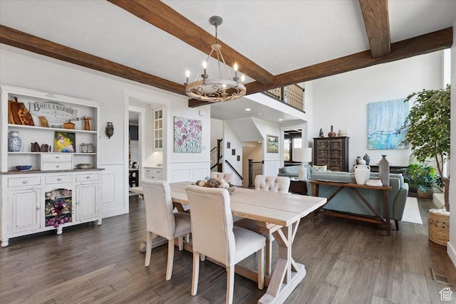 10865 S Hiddenwood Dr, Sandy, UT 84092 - dining area featuring beam ceiling, a chandelier, and dark wood-type flooring