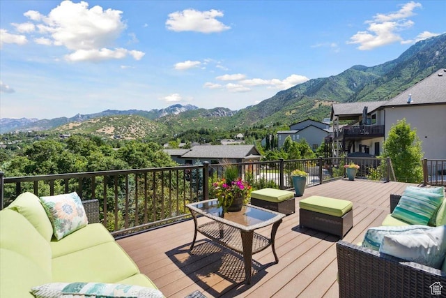 10865 S Hiddenwood Dr, Sandy, UT 84092 - deck featuring an outdoor living space and a mountain view