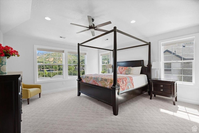 10865 S Hiddenwood Dr, Sandy, UT 84092 - bedroom featuring light colored carpet, vaulted ceiling, recessed lighting, and ceiling fan