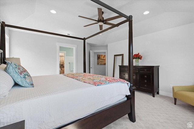 10865 S Hiddenwood Dr, Sandy, UT 84092 - bedroom featuring light colored carpet, recessed lighting, lofted ceiling, and a ceiling fan