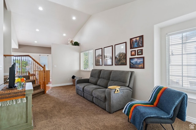 623 W 550 S, Centerville, UT 84014 - living area featuring carpet floors, recessed lighting, stairs, and high vaulted ceiling