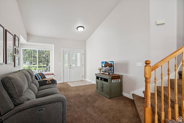 623 W 550 S, Centerville, UT 84014 - living room with carpet flooring, stairs, and high vaulted ceiling
