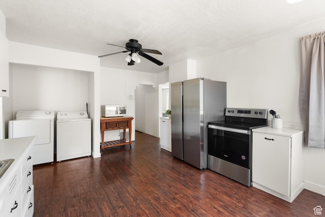 2536 S 1000 W, Syracuse, UT 84075 - kitchen with stainless steel appliances, washing machine and dryer, dark wood-type flooring, a ceiling fan, and white cabinets