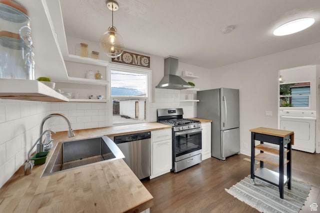 1730 W 150 N, Provo, UT 84601 - kitchen with wall chimney range hood, appliances with stainless steel finishes, open shelves, and butcher block countertops
