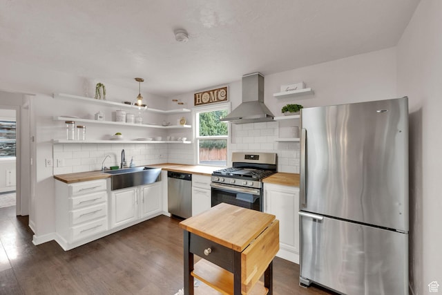 1730 W 150 N, Provo, UT 84601 - kitchen featuring stainless steel appliances, wall chimney range hood, open shelves, and butcher block counters