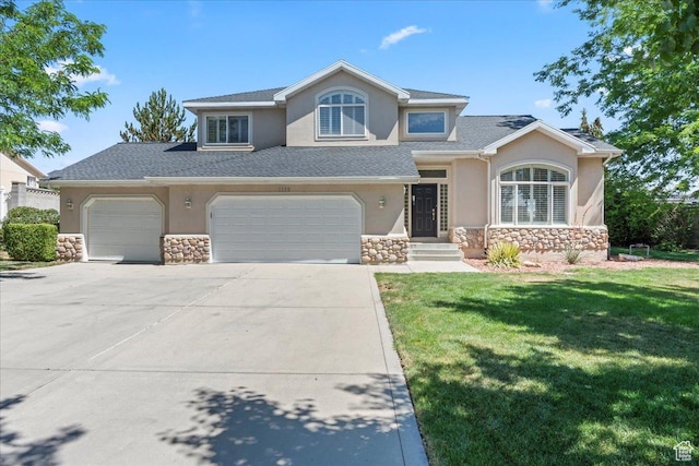 1116 W Wasatch Downs Dr, South Jordan, UT 84095 - view of front of home with stone siding, stucco siding, concrete driveway, a front lawn, and an attached garage