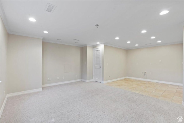 1116 W Wasatch Downs Dr, South Jordan, UT 84095 - finished below grade area with crown molding, recessed lighting, light colored carpet, and light tile patterned flooring