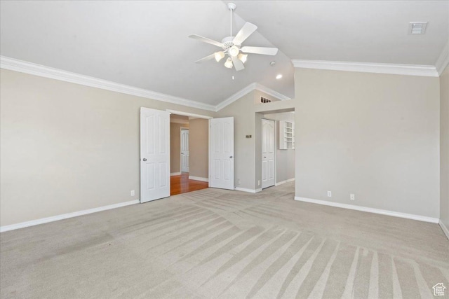 1116 W Wasatch Downs Dr, South Jordan, UT 84095 - empty room featuring lofted ceiling, a ceiling fan, light colored carpet, and crown molding