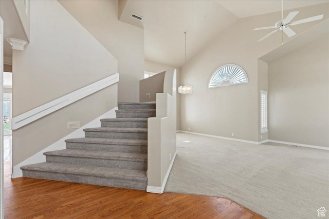 1116 W Wasatch Downs Dr, South Jordan, UT 84095 - stairs featuring high vaulted ceiling, ceiling fan, and wood finished floors