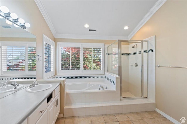 1116 W Wasatch Downs Dr, South Jordan, UT 84095 - bathroom with a bath, vanity, a shower stall, tile patterned floors, and ornamental molding