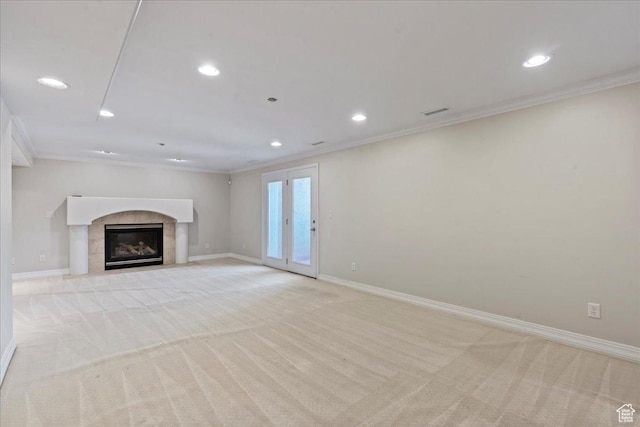 1116 W Wasatch Downs Dr, South Jordan, UT 84095 - unfurnished living room with crown molding, light carpet, recessed lighting, and a fireplace