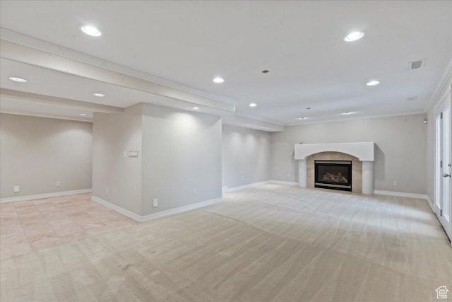 1116 W Wasatch Downs Dr, South Jordan, UT 84095 - unfurnished living room with light carpet, recessed lighting, a tiled fireplace, and ornamental molding