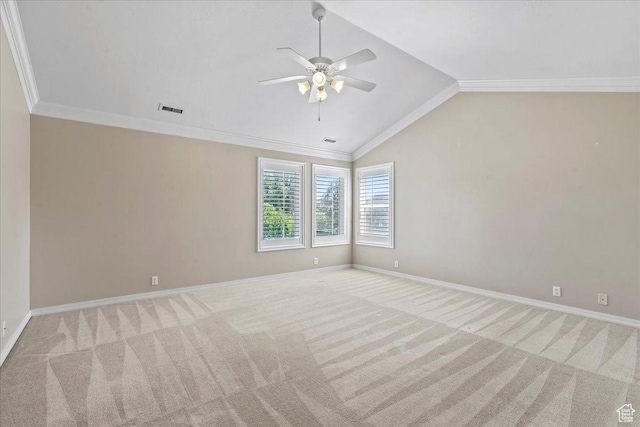1116 W Wasatch Downs Dr, South Jordan, UT 84095 - spare room featuring carpet floors, vaulted ceiling, a ceiling fan, and crown molding
