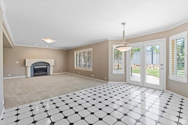 1116 W Wasatch Downs Dr, South Jordan, UT 84095 - unfurnished living room featuring light flooring, light carpet, a fireplace with flush hearth, and ornamental molding