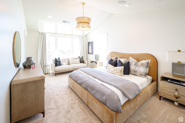 11448 S Watercourse Rd, South Jordan, UT 84009 - bedroom featuring light colored carpet, vaulted ceiling, and recessed lighting