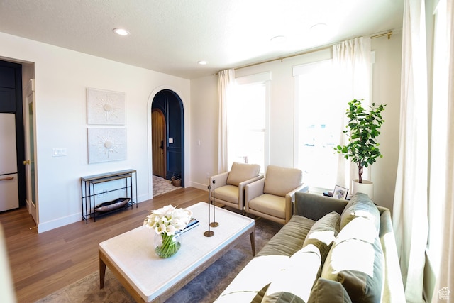 11448 S Watercourse Rd, South Jordan, UT 84009 - living area with arched walkways, wood finished floors, and recessed lighting