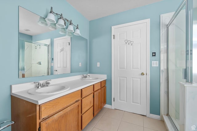 3548 E Wasatch Hills Ln S, Cottonwood Heights, UT 84121 - bathroom featuring a stall shower, tile patterned floors, and double vanity