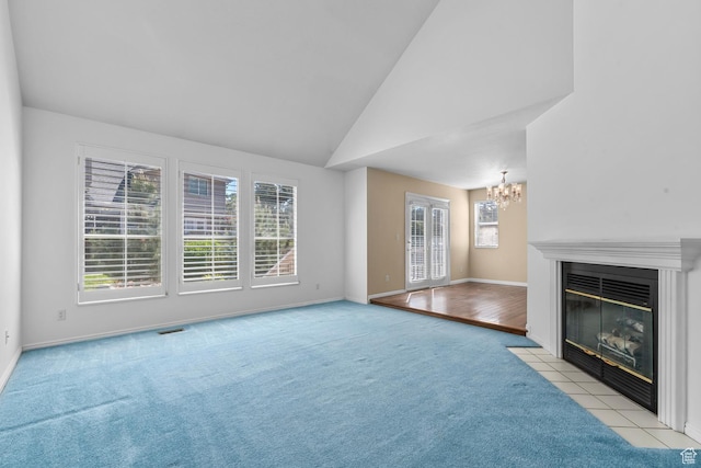 3548 E Wasatch Hills Ln S, Cottonwood Heights, UT 84121 - unfurnished living room featuring a chandelier, carpet flooring, vaulted ceiling, and a fireplace with flush hearth