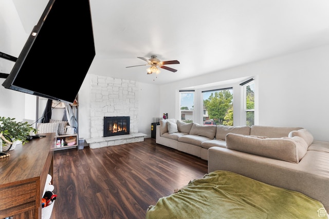 4323 W Benview Dr, West Valley City, UT 84120 - living area featuring a ceiling fan, wood finished floors, and a fireplace