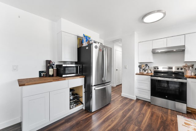 4323 W Benview Dr, West Valley City, UT 84120 - kitchen with stainless steel appliances, wooden counters, under cabinet range hood, white cabinets, and dark wood-style floors