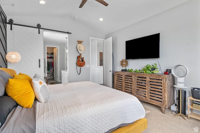 7603 S Scenic Maple Dr S, West Jordan, UT 84081 - bedroom with a barn door, vaulted ceiling, recessed lighting, a ceiling fan, and a spacious closet