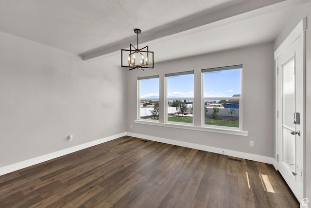 9602 N Blue Sky Dr, Eagle Mountain, UT 84005 - unfurnished dining area featuring a chandelier, dark wood finished floors, and beamed ceiling