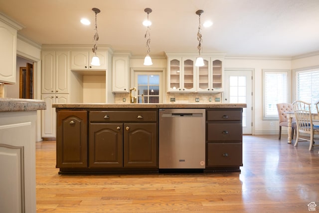13251 S 1162 E, Draper, UT 84020 - kitchen featuring stainless steel dishwasher, white cabinetry, light wood finished floors, glass insert cabinets, and ornamental molding