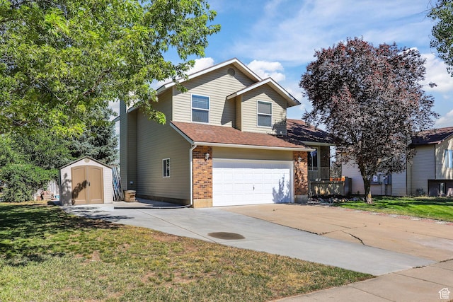 155 N 1600 W, West Point, UT 84015 - view of front facade featuring a storage unit, driveway, a garage, a front yard, and brick siding