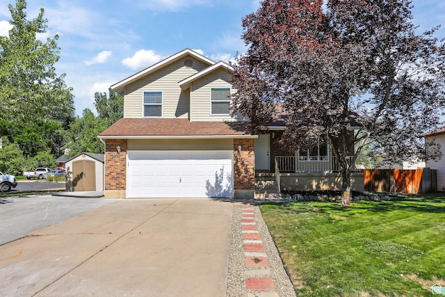 155 N 1600 W, West Point, UT 84015 - traditional-style house featuring concrete driveway, an attached garage, brick siding, a shingled roof, and a shed