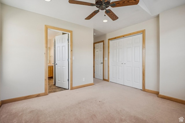 1516 S Lost Colt Dr, Heber City, UT 84032 - unfurnished bedroom featuring carpet, recessed lighting, a closet, ensuite bath, and ceiling fan