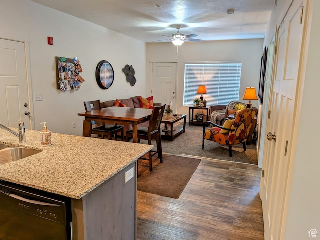 796 E 500 S, American Fork, UT 84003 - kitchen featuring black dishwasher, open floor plan, dark wood finished floors, and a ceiling fan