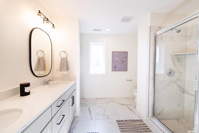 11556 S Watercourse Rd, South Jordan, UT 84009 - bathroom featuring double vanity, recessed lighting, a stall shower, and marble finish floors