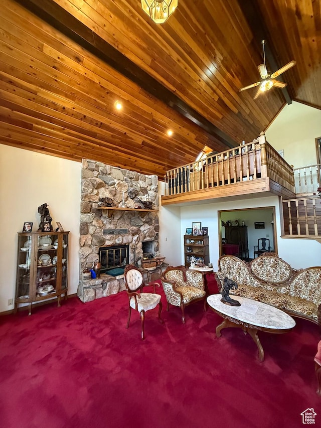 263 E Fish Hatchery Rd, Mantua, UT 84324 - living room with vaulted ceiling, wood ceiling, a fireplace, carpet floors, and ceiling fan