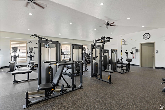 1557 S Stone Cliff Dr, St George, UT 84790 - gym featuring ceiling fan, plenty of natural light, lofted ceiling, recessed lighting, and a textured ceiling