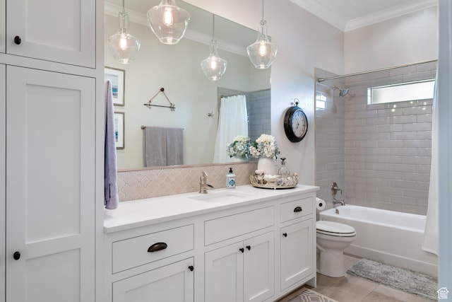 1557 S Stone Cliff Dr, St George, UT 84790 - bathroom featuring ornamental molding, tasteful backsplash, vanity, shower / bath combination with curtain, and tile patterned flooring