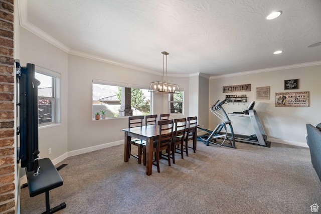 1557 S Stone Cliff Dr, St George, UT 84790 - carpeted dining area featuring crown molding, a chandelier, and recessed lighting
