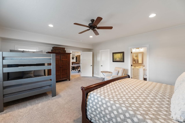 1557 S Stone Cliff Dr, St George, UT 84790 - bedroom featuring carpet flooring, recessed lighting, ensuite bathroom, and a ceiling fan