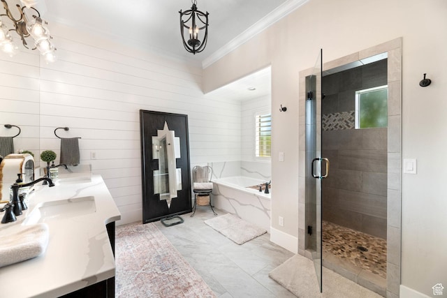1557 S Stone Cliff Dr, St George, UT 84790 - bathroom with crown molding, a bath, a stall shower, double vanity, and a chandelier