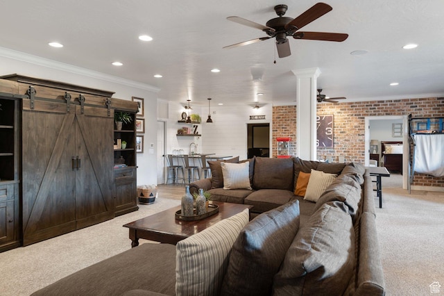 1557 S Stone Cliff Dr, St George, UT 84790 - living room with a ceiling fan, light carpet, recessed lighting, crown molding, and a barn door