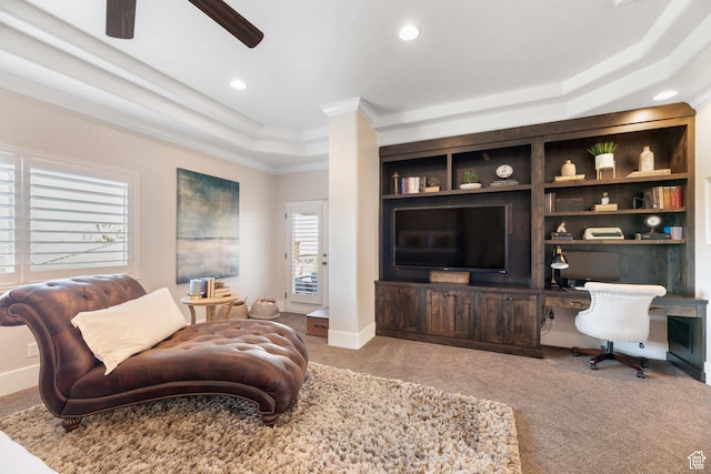 1557 S Stone Cliff Dr, St George, UT 84790 - carpeted living room featuring crown molding, a ceiling fan, a desk, a raised ceiling, and recessed lighting