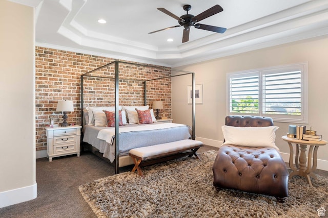 1557 S Stone Cliff Dr, St George, UT 84790 - bedroom with a raised ceiling, ornamental molding, dark colored carpet, recessed lighting, and ceiling fan