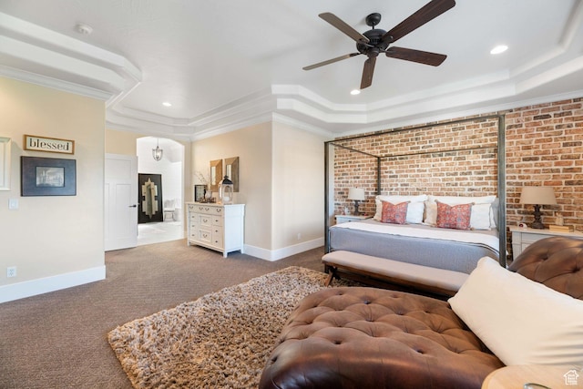 1557 S Stone Cliff Dr, St George, UT 84790 - carpeted bedroom featuring brick wall, recessed lighting, ornamental molding, a raised ceiling, and a ceiling fan