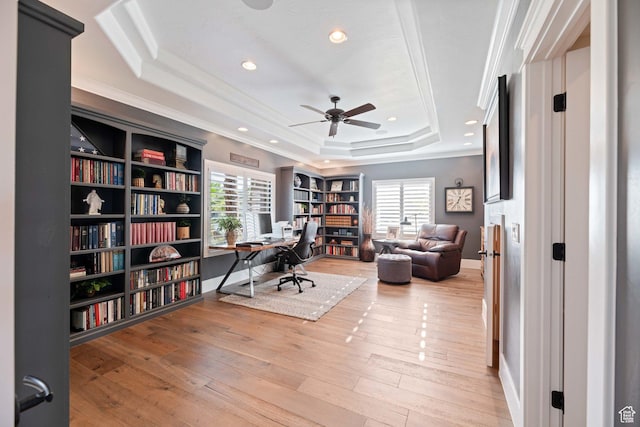 1557 S Stone Cliff Dr, St George, UT 84790 - office space with a raised ceiling, a ceiling fan, crown molding, light wood-type flooring, and recessed lighting